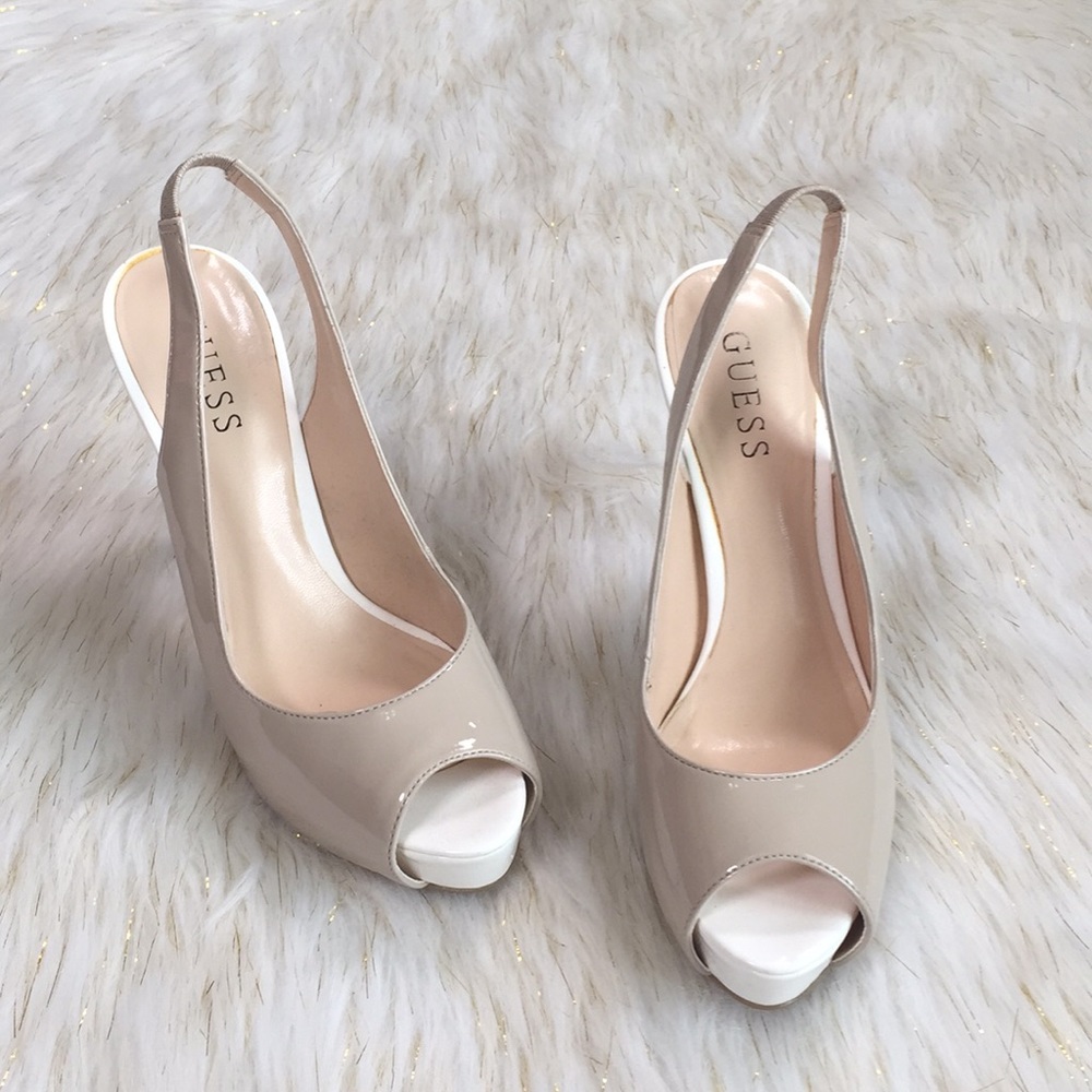 GUESS Nude and White peep toe heels.